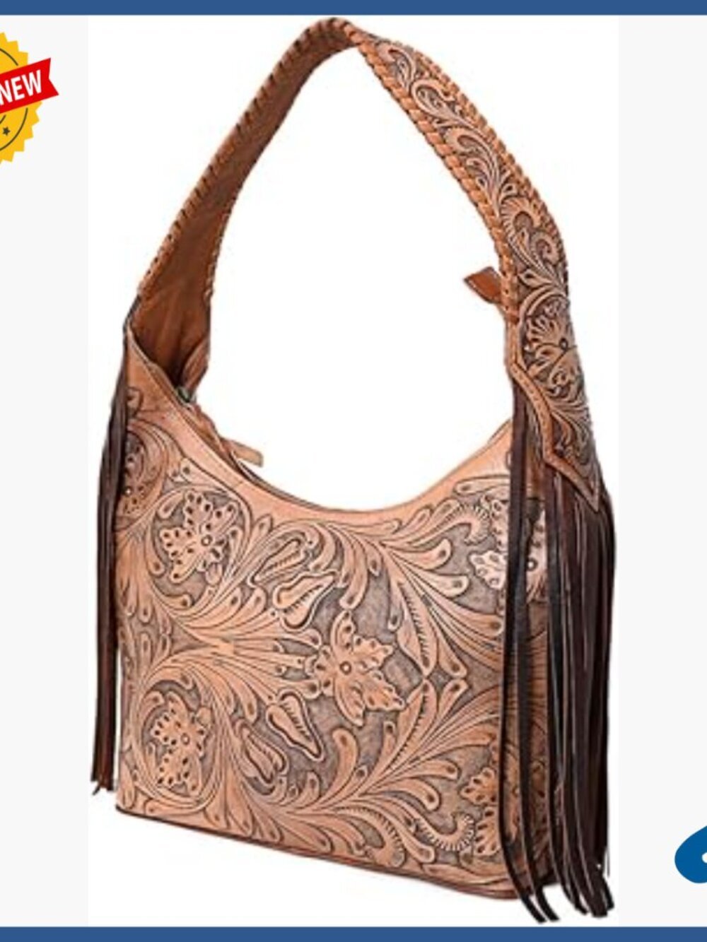 Hand Tooled Floral Leather Crossbody Bag with Braided Fringes Western Purse